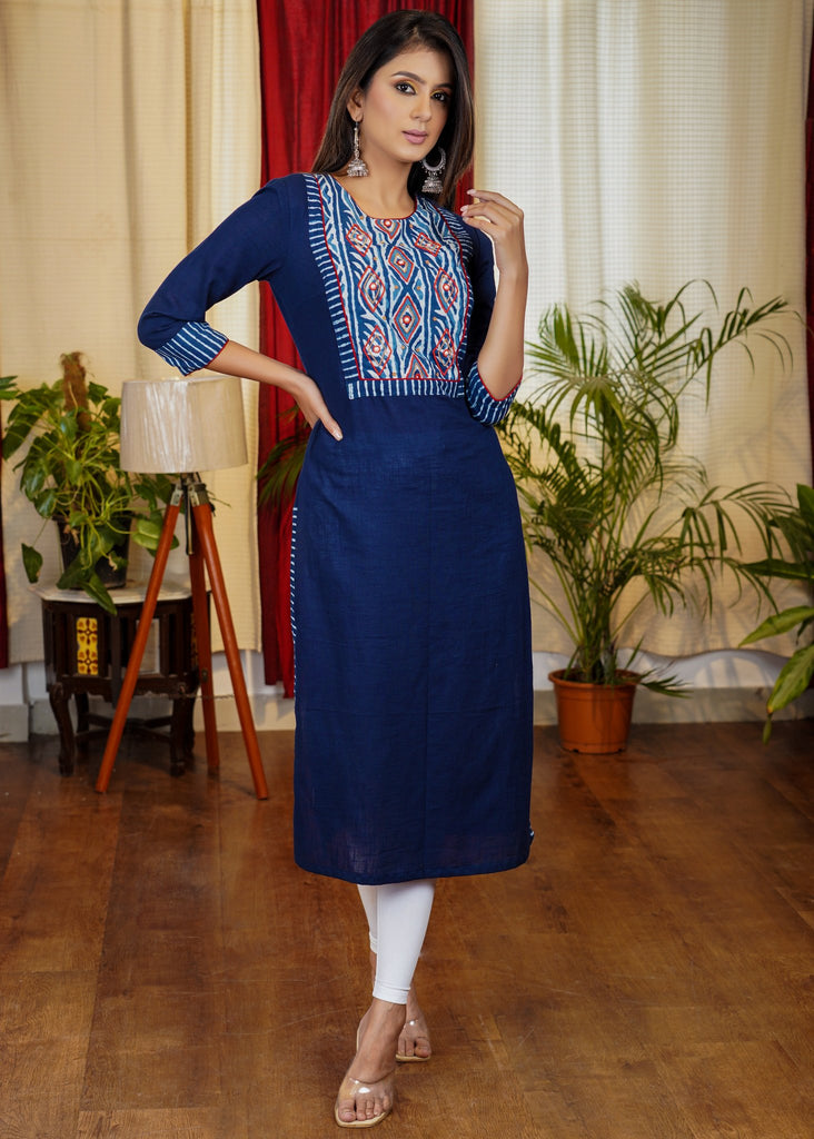 Beautiful Indigo Combination Navy Blue Cotton Straight Cut Kurta with Embroidery, Bead and Pearl Work