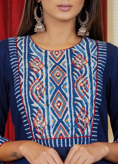 Beautiful Indigo Combination Navy Blue Cotton Straight Cut Kurta with Embroidery, Bead and Pearl Work