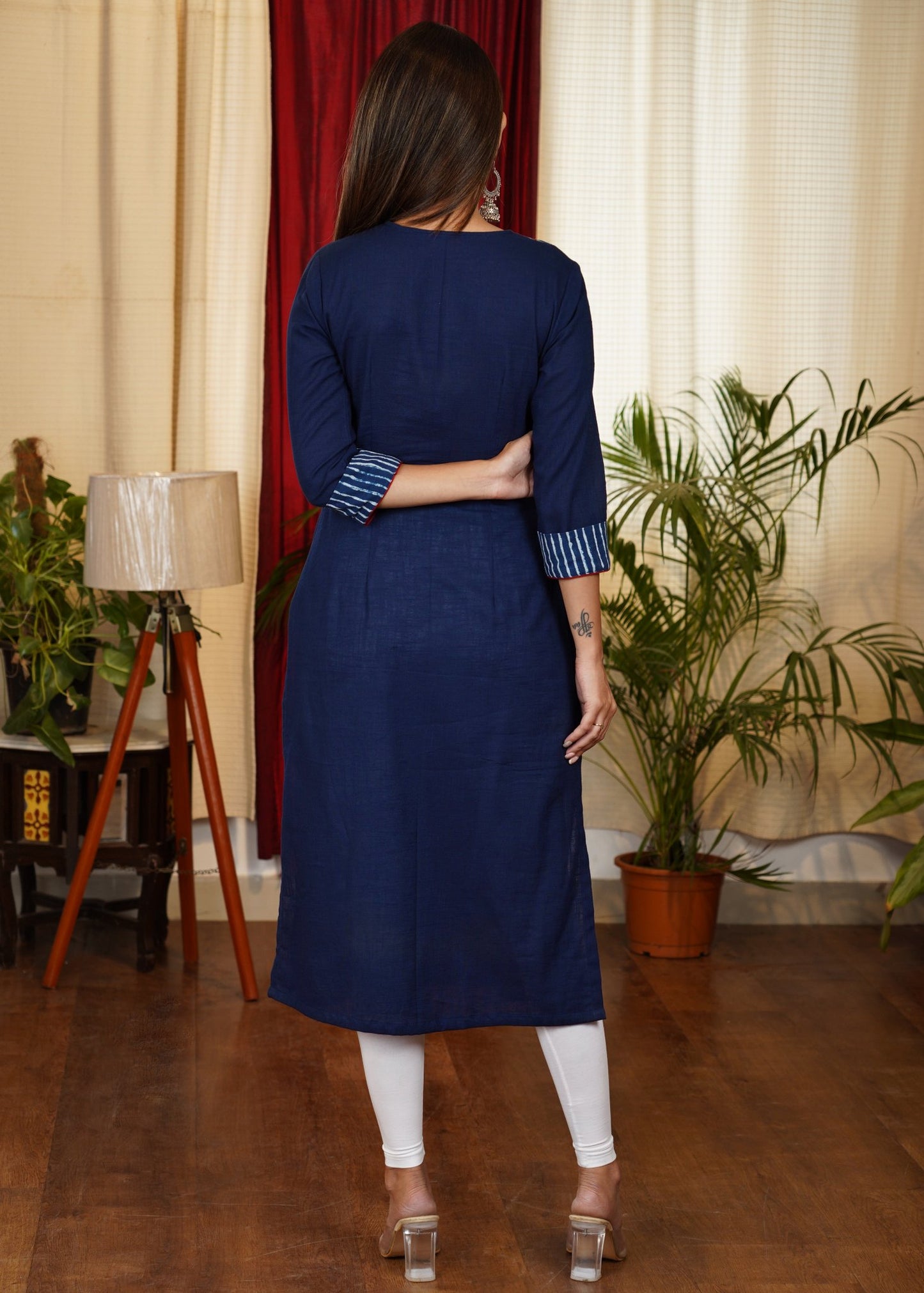 Beautiful Indigo Combination Navy Blue Cotton Straight Cut Kurta with Embroidery, Bead and Pearl Work