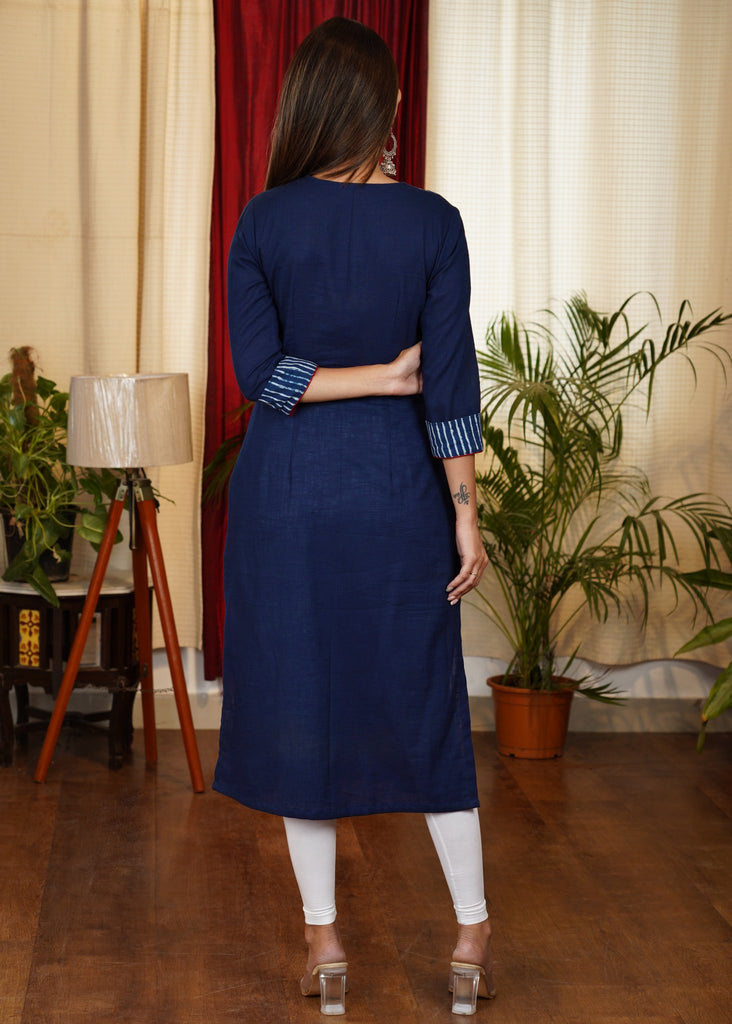 Beautiful Indigo Combination Navy Blue Cotton Straight Cut Kurta with Embroidery, Bead and Pearl Work