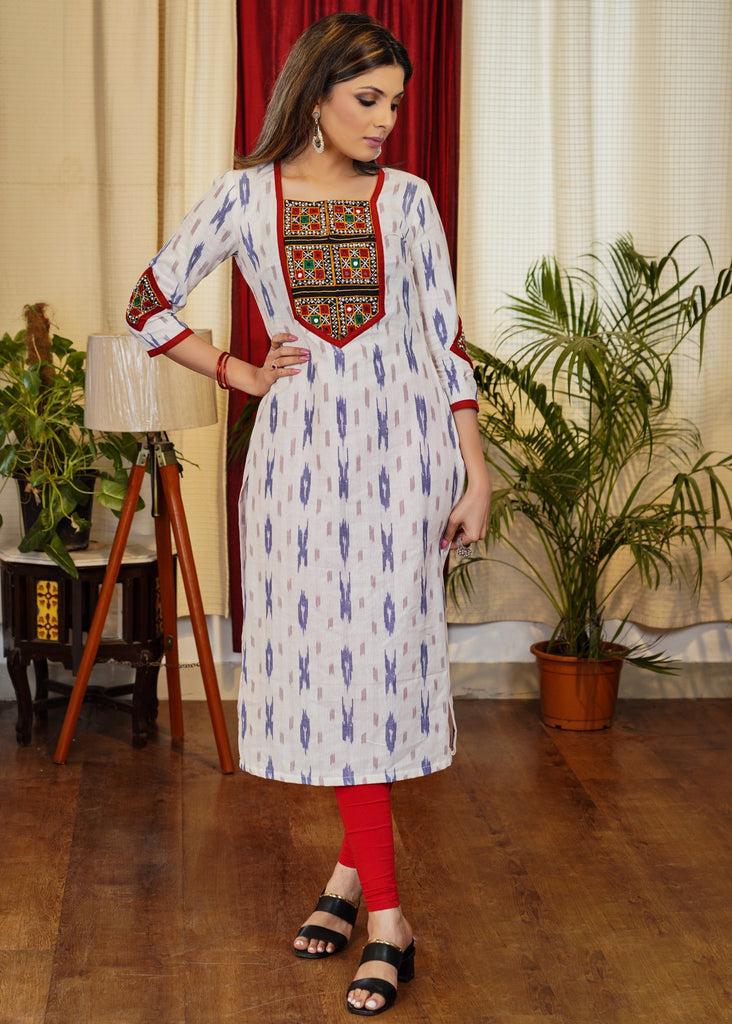 Graceful Ikat Cotton Straight Cut Kurta with Hand made Kutch Mirror work on Yoke and Sleeves