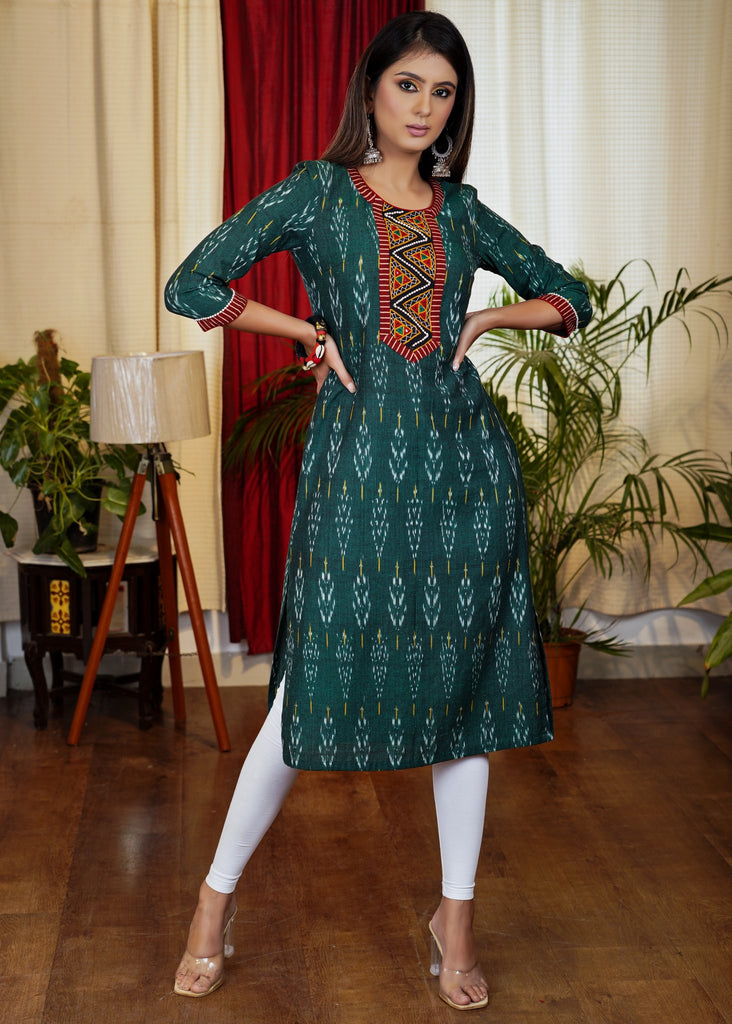 Graceful Green Ikat Cotton Straight Cut Kurta with Hand made Kutch mirror work and Bead Work
