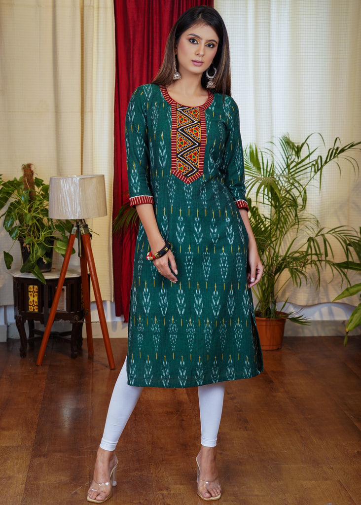 Graceful Green Ikat Cotton Straight Cut Kurta with Hand made Kutch mirror work and Bead Work
