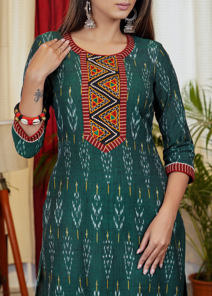 Graceful Green Ikat Cotton Straight Cut Kurta with Hand made Kutch mirror work and Bead Work