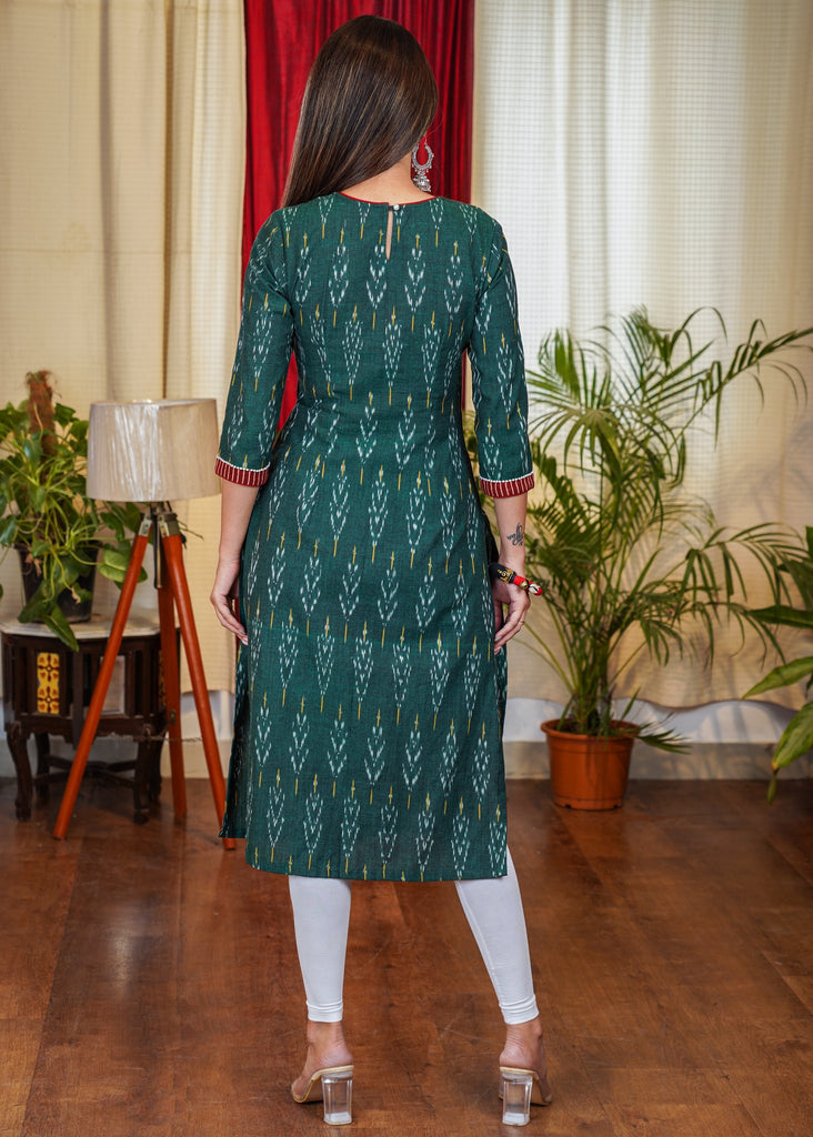 Graceful Green Ikat Cotton Straight Cut Kurta with Hand made Kutch mirror work and Bead Work