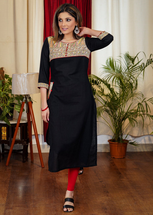 Elegant Straight Cut Black Cotton Kurta With Exclusive Madhubani Print