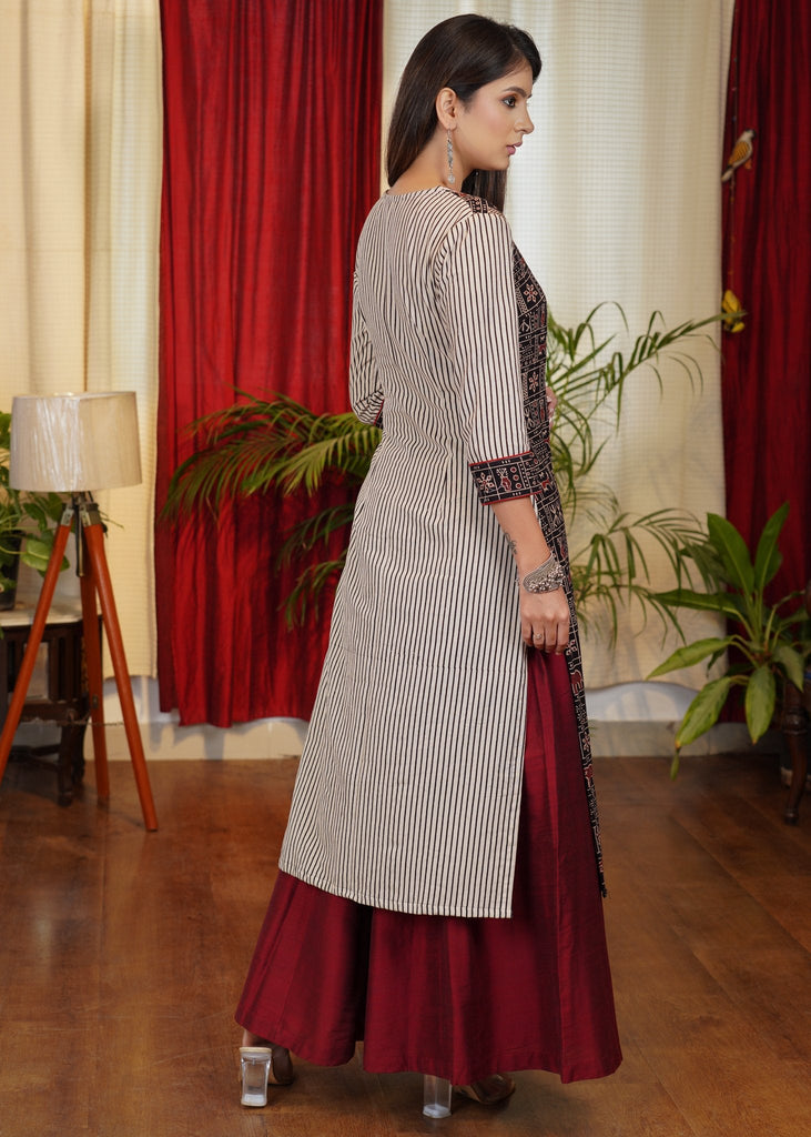 Elegant Straight Cut Ajrakh Combination Kurta With Exclusive Hand Painted Madhubani Art