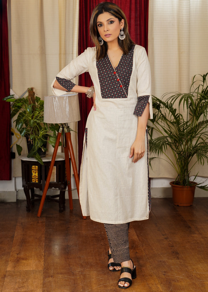 Classy Cotton Straight Cut Kurta With Kantha Ajrakh Yoke