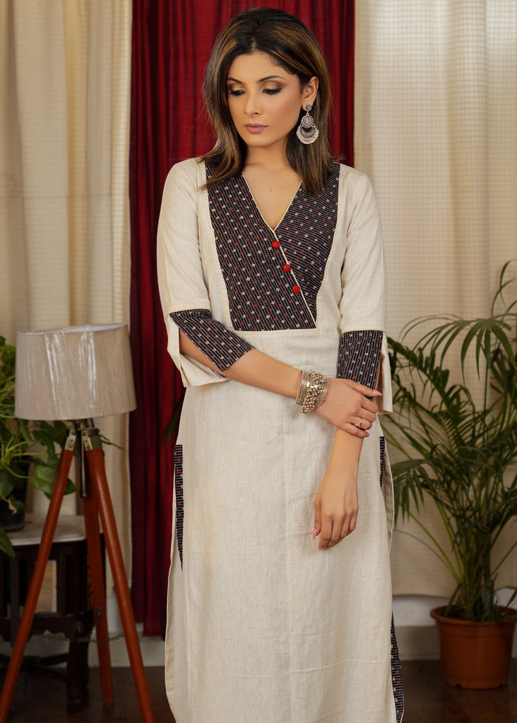 Classy Cotton Straight Cut Kurta With Kantha Ajrakh Yoke