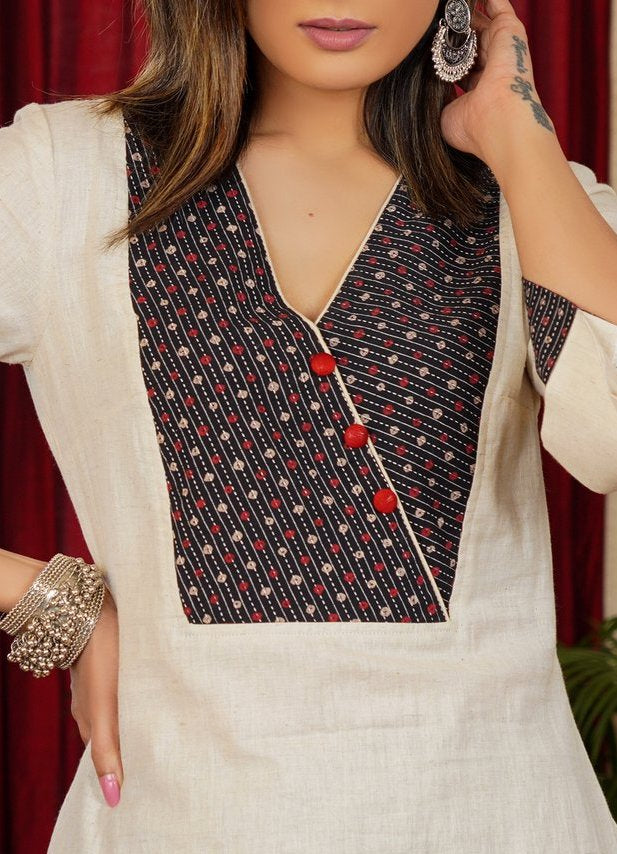 Classy Cotton Straight Cut Kurta With Kantha Ajrakh Yoke