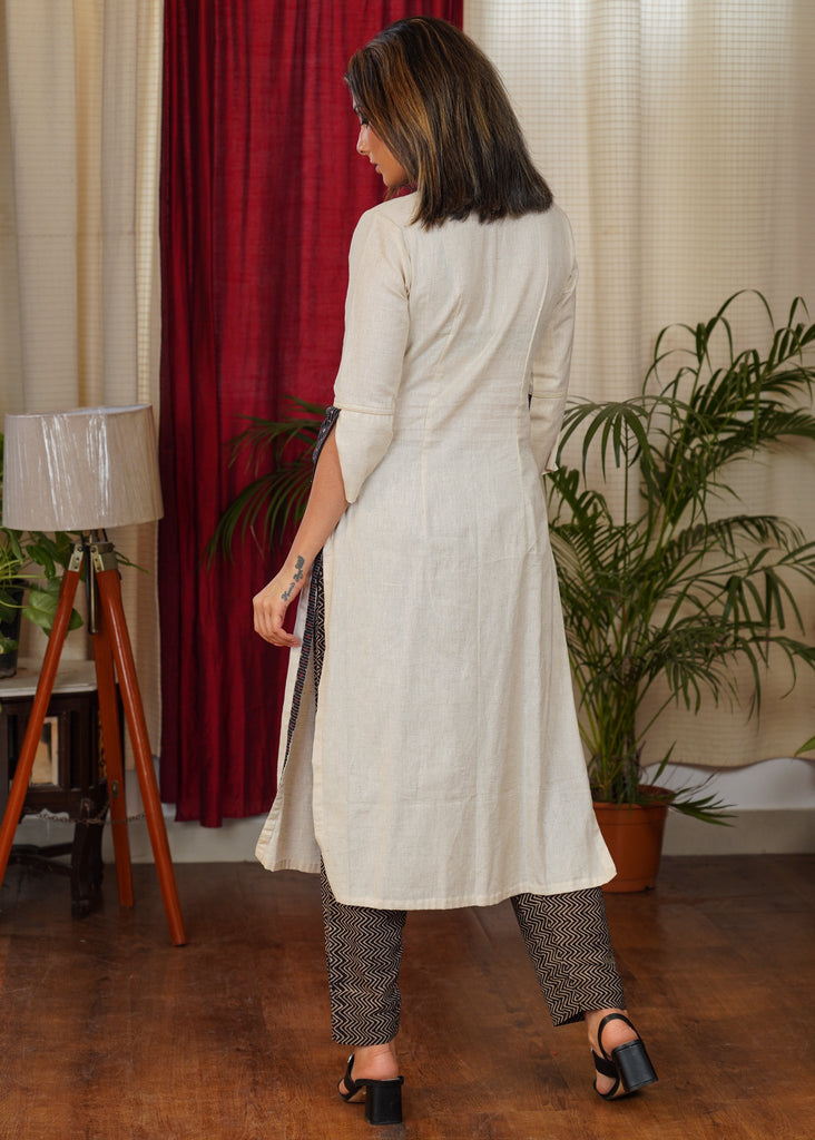 Classy Cotton Straight Cut Kurta With Kantha Ajrakh Yoke