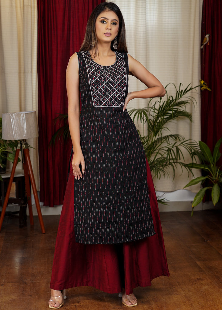 Smart and Trendy Sleevless Cotton Ikat Kurta with Beautiful Stone work and Hand Embroidery on the Yoke