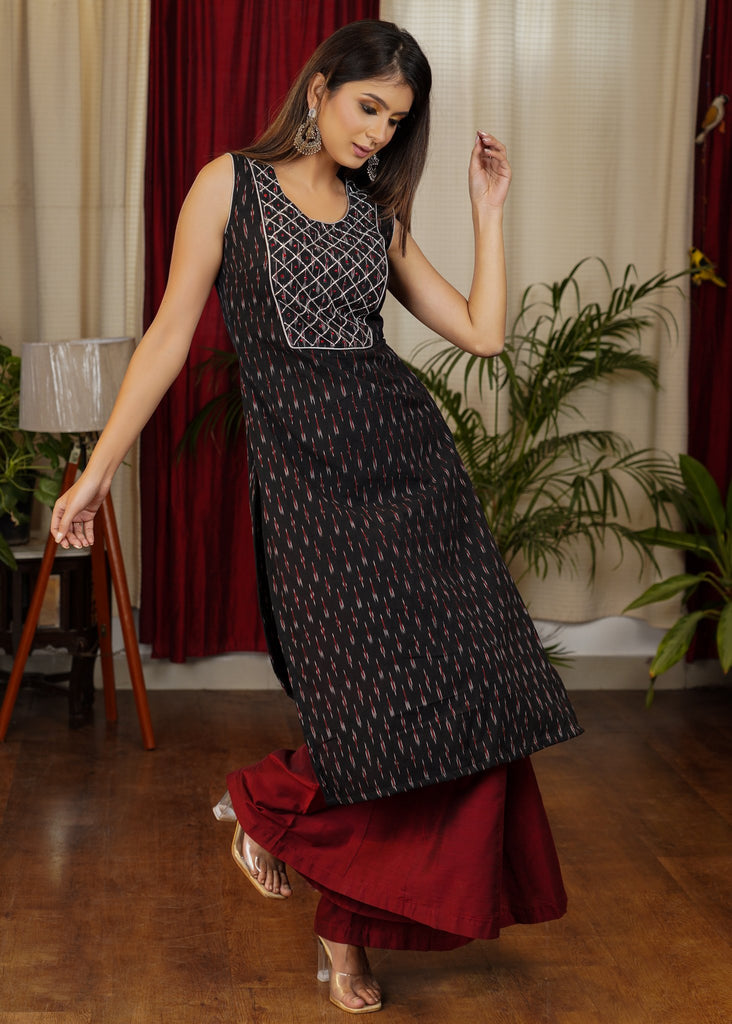 Smart and Trendy Sleevless Cotton Ikat Kurta with Beautiful Stone work and Hand Embroidery on the Yoke