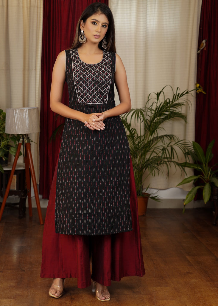 Smart and Trendy Sleevless Cotton Ikat Kurta with Beautiful Stone work and Hand Embroidery on the Yoke
