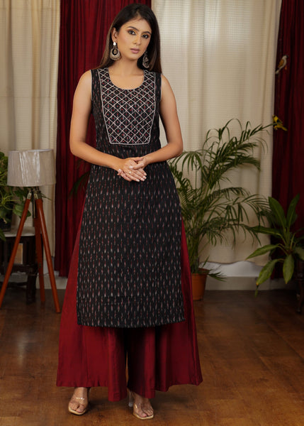 Smart and Trendy Sleevless Cotton Ikat Kurta with Beautiful Stone work and Hand Embroidery on the Yoke