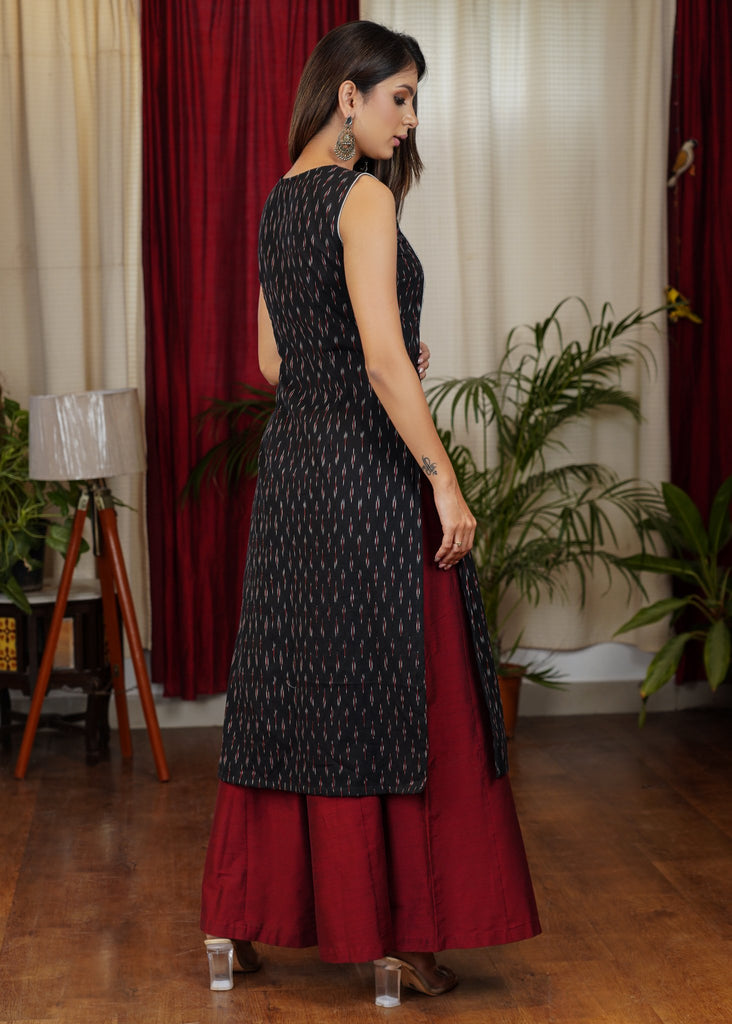 Smart and Trendy Sleevless Cotton Ikat Kurta with Beautiful Stone work and Hand Embroidery on the Yoke