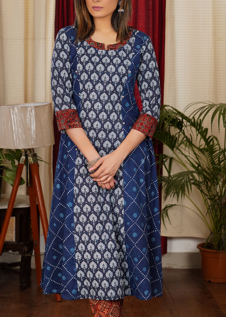 Comfortable Cotton A Line Combination Kurta With Kantha Work Front Panel and Ajrakh Contrast