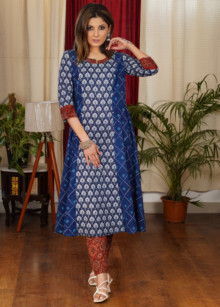 Comfortable Cotton A Line Combination Kurta With Kantha Work Front Panel and Ajrakh Contrast