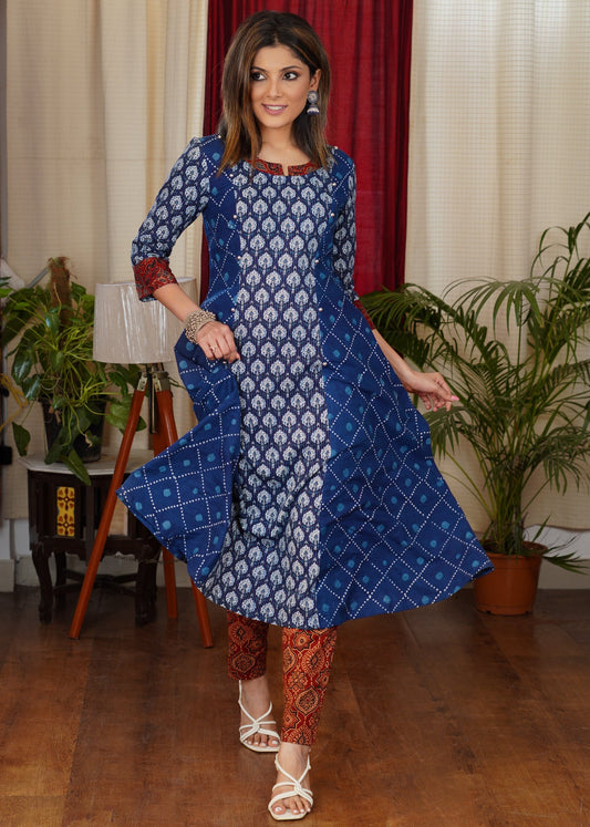 Comfortable Cotton A Line Combination Kurta With Kantha Work Front Panel and Ajrakh Contrast