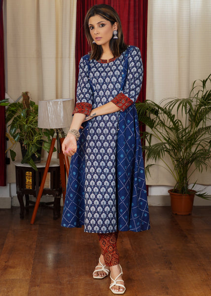 Comfortable Cotton A Line Combination Kurta With Kantha Work Front Panel and Ajrakh Contrast
