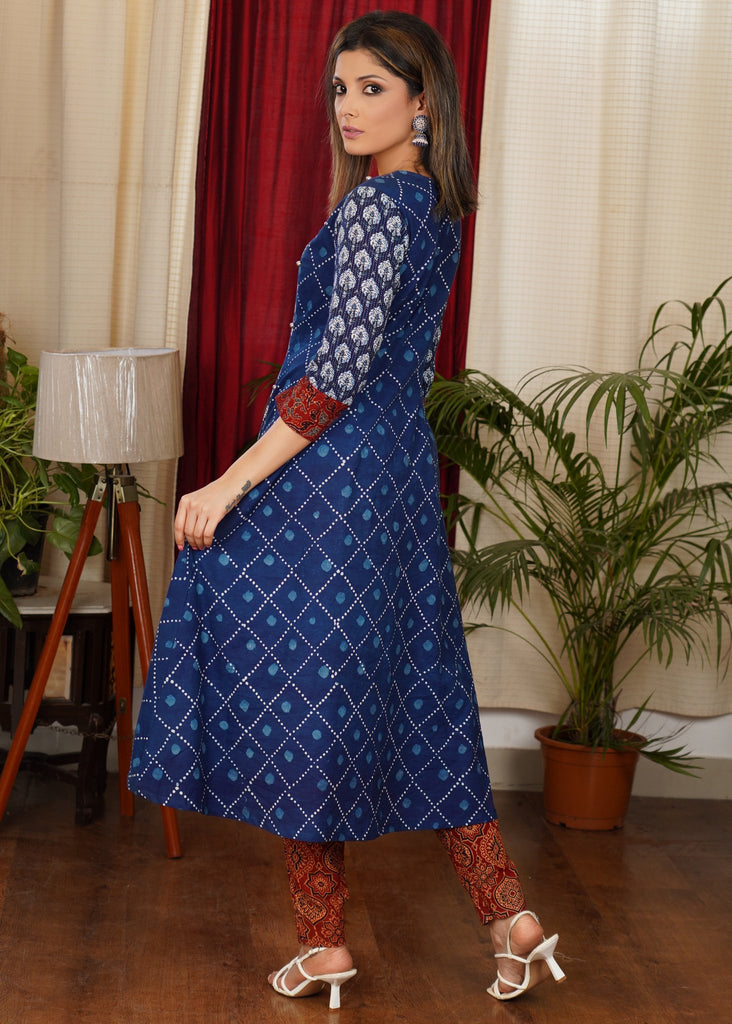 Comfortable Cotton A Line Combination Kurta With Kantha Work Front Panel and Ajrakh Contrast