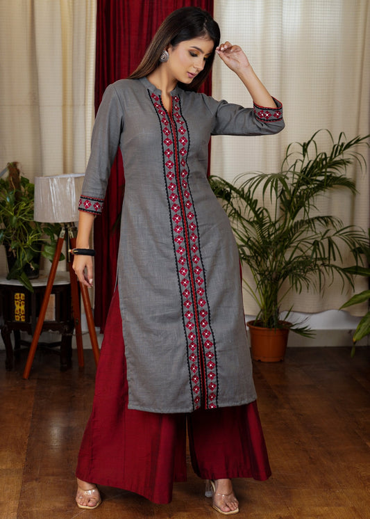 Gracious Grey Cotton Straight Cut Kurta With Beautiful Mirror and Embroidery Work