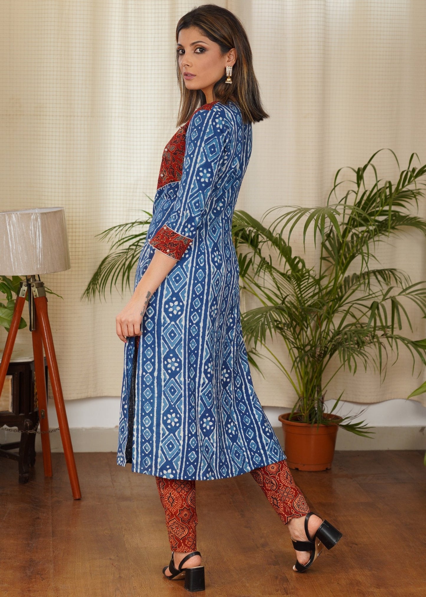 Graceful Straight Cut Cotton Indigo Kurta With Ajrakh Yoke and Golden Beads