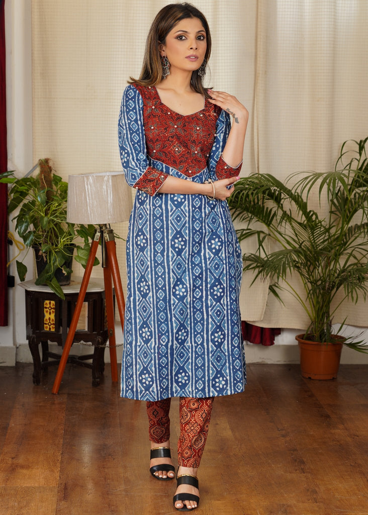 Graceful Straight Cut Cotton Indigo Kurta With Ajrakh Yoke and Golden Beads