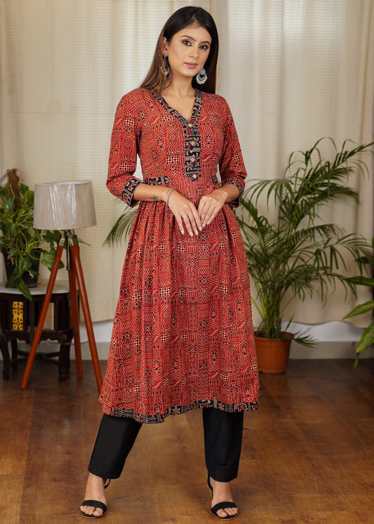 Stylish Ajrakh Combination Kurta With Beautiful Buttons