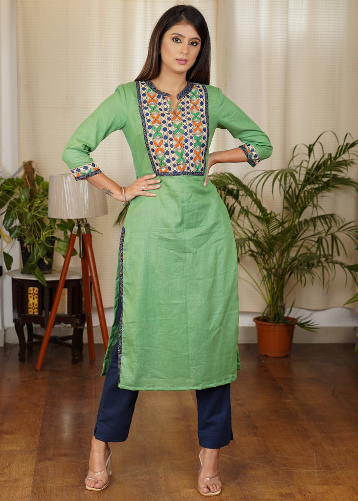 Simple and Elegant Green Straight cut Cotton Kurta with Hand Painted Madhubani Patterns On the Yoke