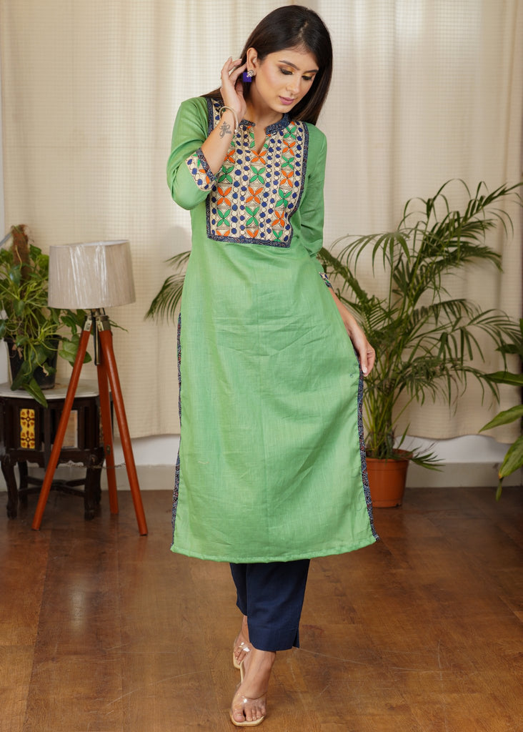 Simple and Elegant Green Straight cut Cotton Kurta with Hand Painted Madhubani Patterns On the Yoke