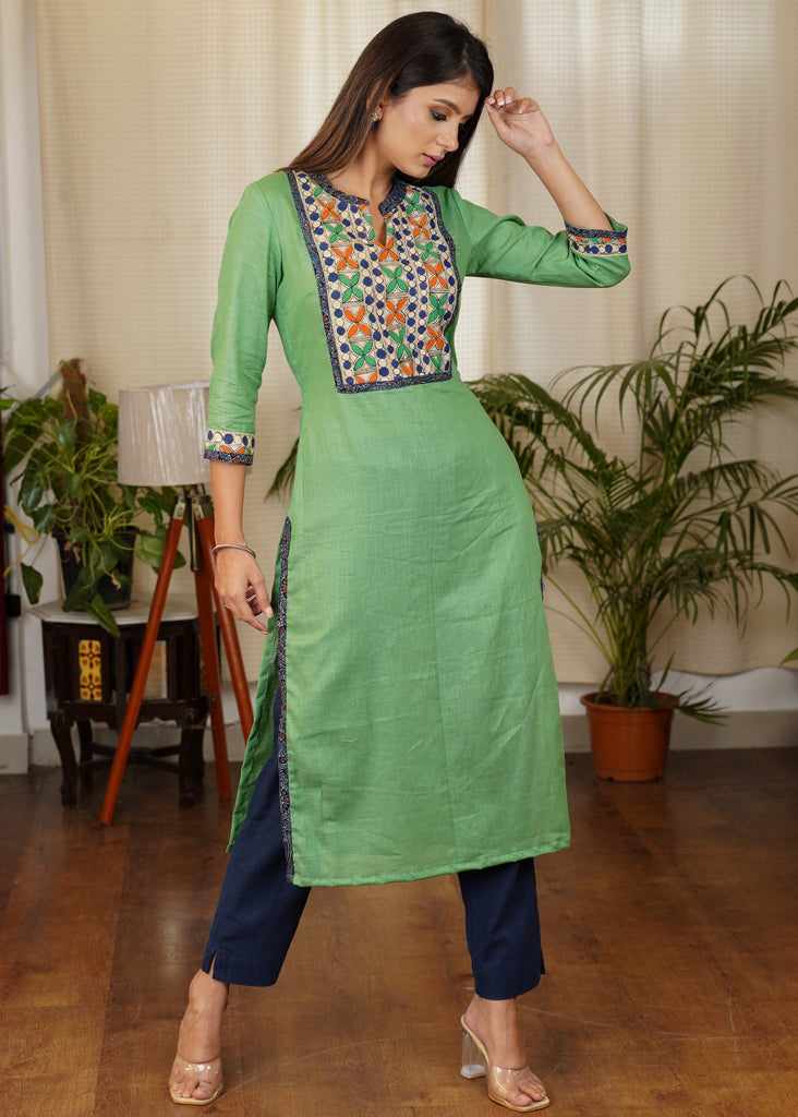 Simple and Elegant Green Straight cut Cotton Kurta with Hand Painted Madhubani Patterns On the Yoke