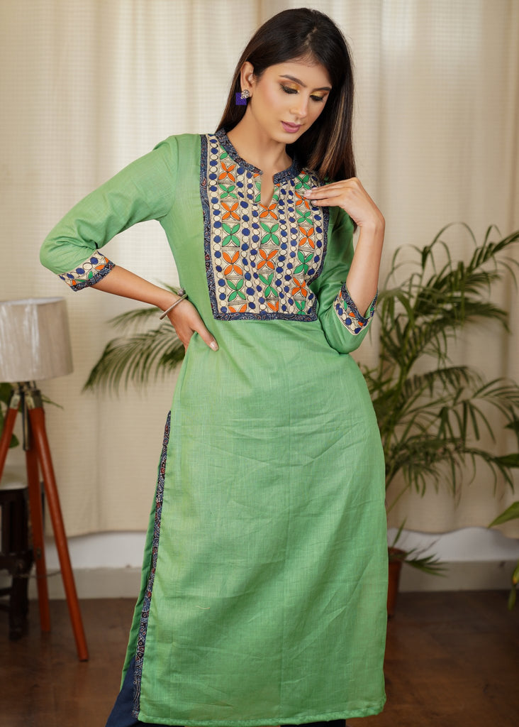 Simple and Elegant Green Straight cut Cotton Kurta with Hand Painted Madhubani Patterns On the Yoke