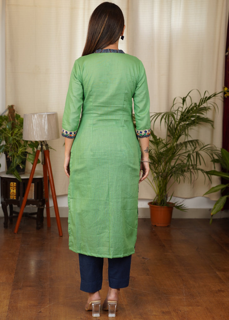 Simple and Elegant Green Straight cut Cotton Kurta with Hand Painted Madhubani Patterns On the Yoke