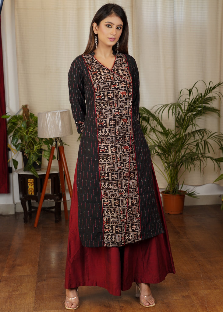 Unique Straight Cut Cotton Ikat kurta with Ajrakh Animal Print Front Panel