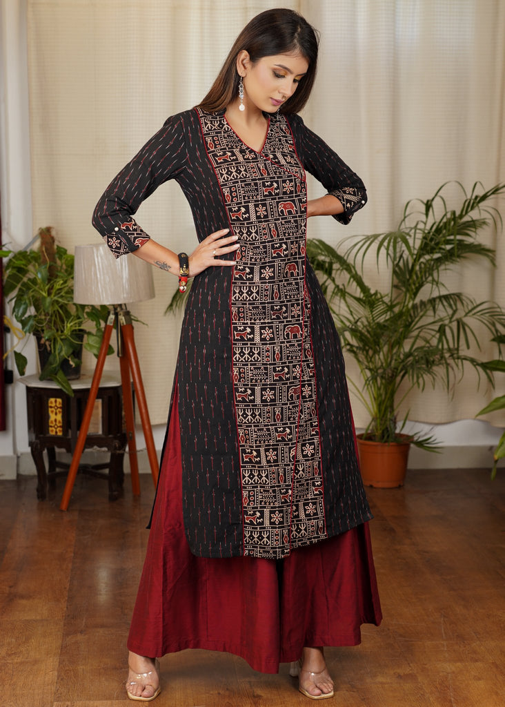 Unique Straight Cut Cotton Ikat kurta with Ajrakh Animal Print Front Panel