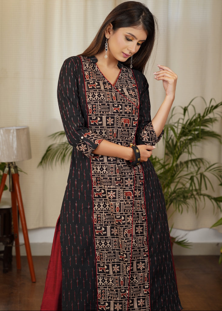 Unique Straight Cut Cotton Ikat kurta with Ajrakh Animal Print Front Panel