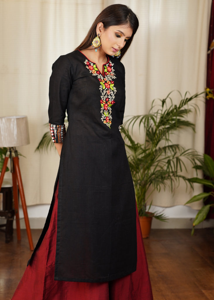 Smart Black Straight Cut Cotton Ajrakh Kurta with Contrast Embroidery
