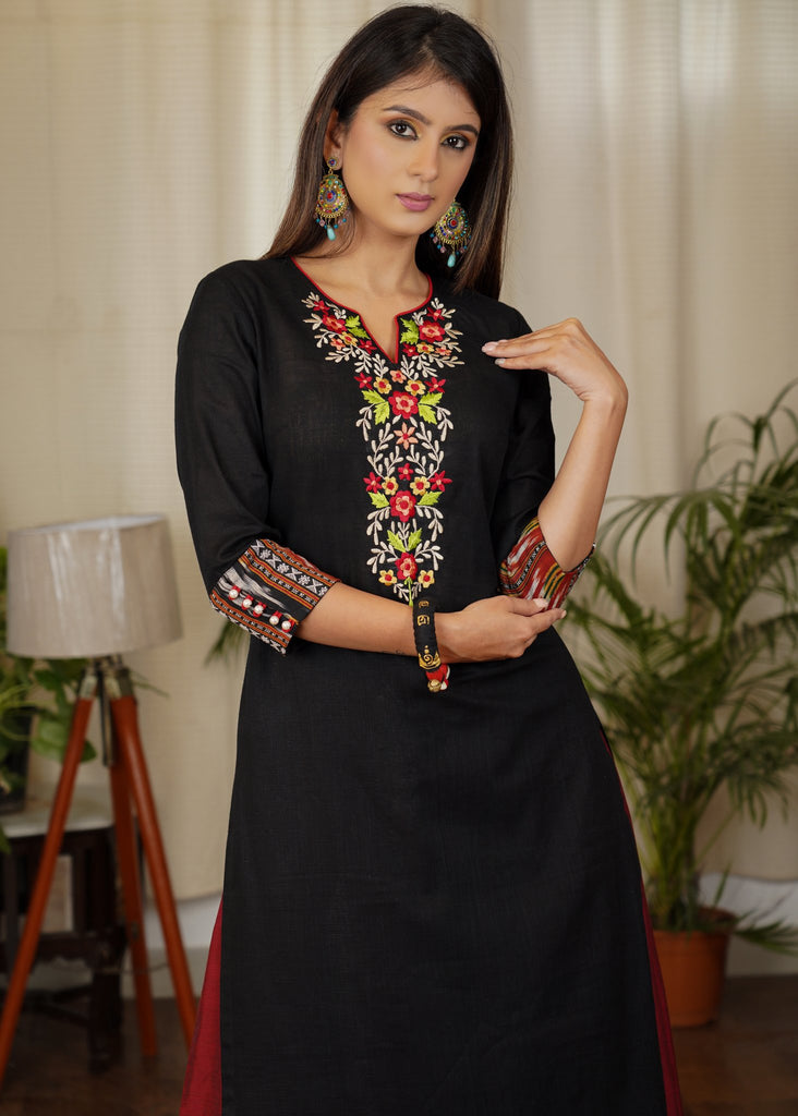 Smart Black Straight Cut Cotton Ajrakh Kurta with Contrast Embroidery