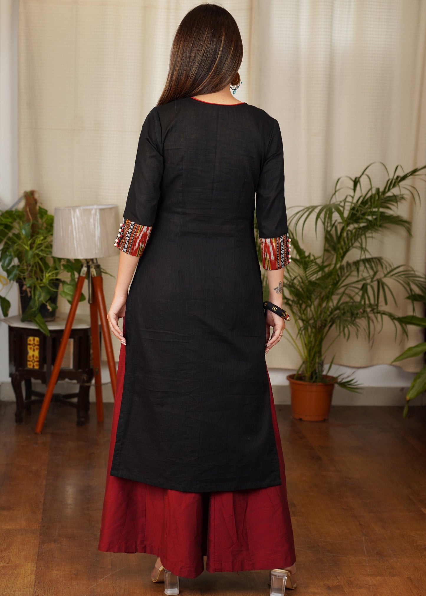 Smart Black Straight Cut Cotton Ajrakh Kurta with Contrast Embroidery