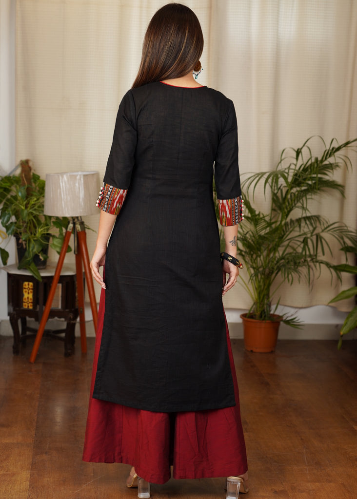 Smart Black Straight Cut Cotton Ajrakh Kurta with Contrast Embroidery