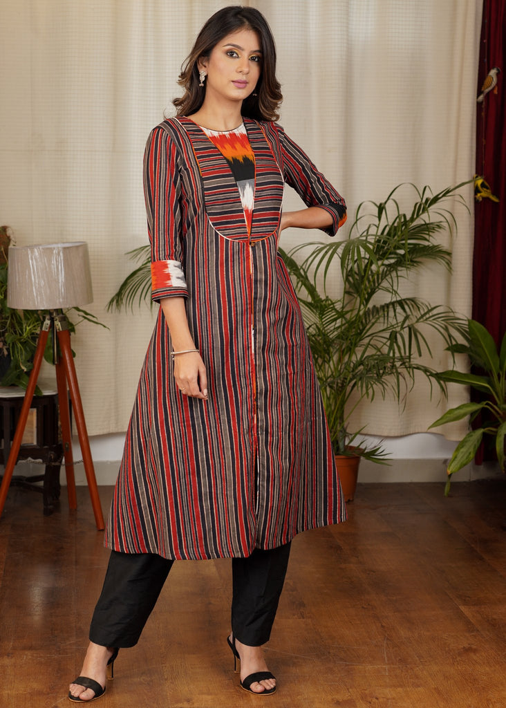 Unique A -Line Cotton Ajrakh & Ikat Combination Kurta
