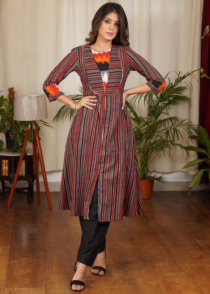 Unique A -Line Cotton Ajrakh & Ikat Combination Kurta