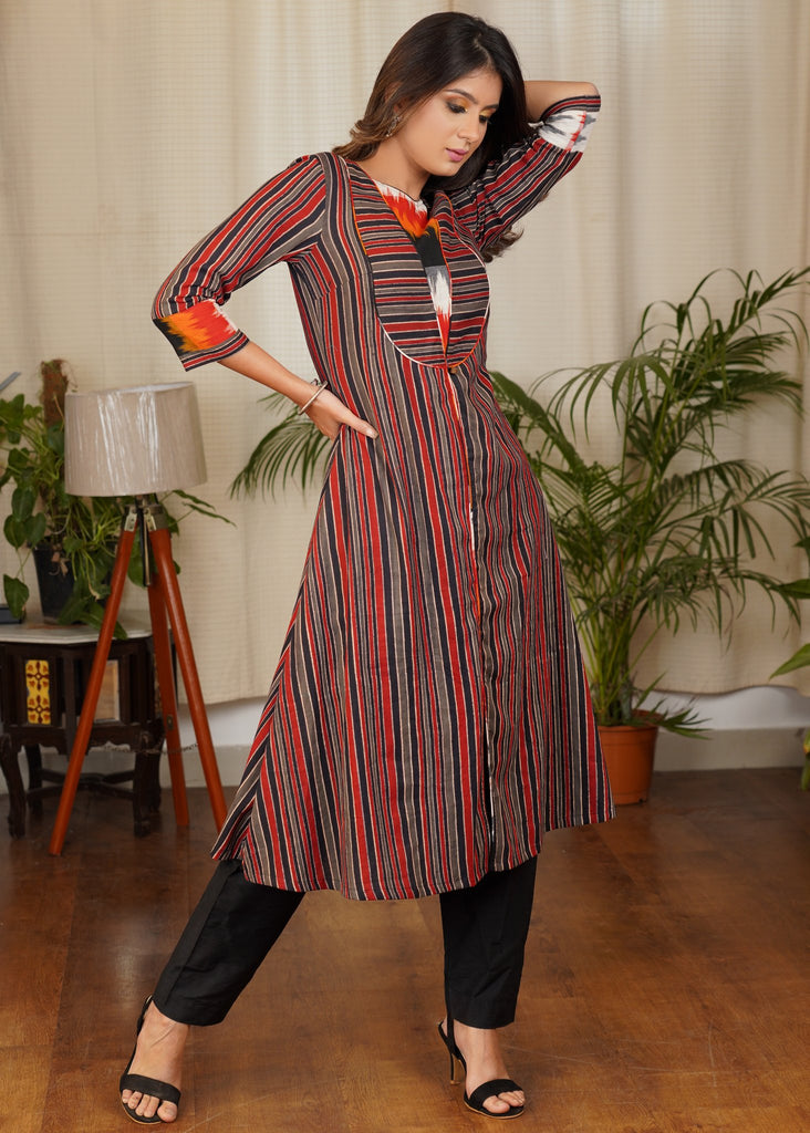 Unique A -Line Cotton Ajrakh & Ikat Combination Kurta