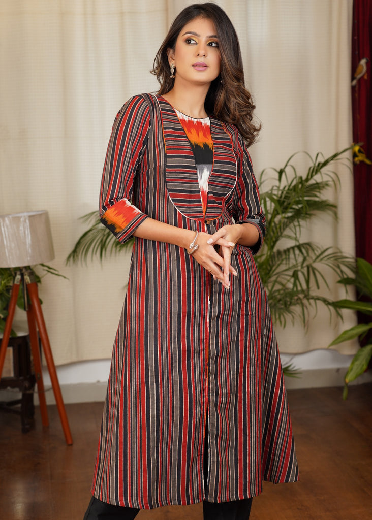 Unique A -Line Cotton Ajrakh & Ikat Combination Kurta