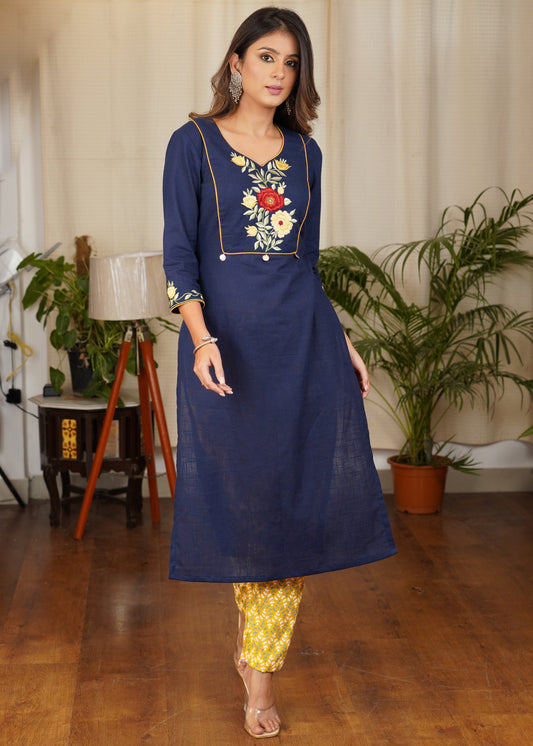 Elegant Blue Embroidered Straight Cut Cotton Kurta