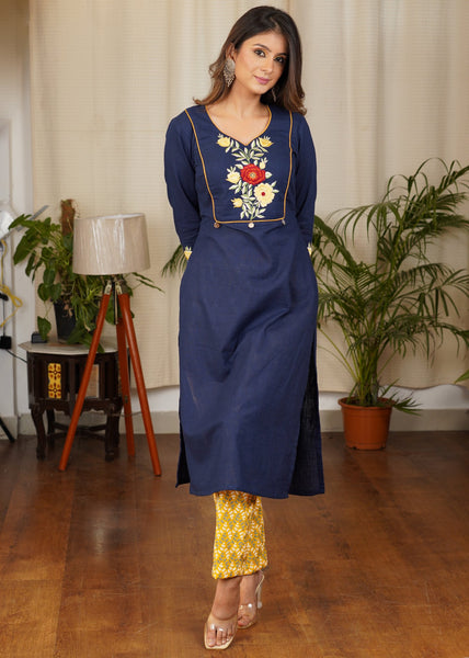 Elegant Blue Embroidered Straight Cut Cotton Kurta