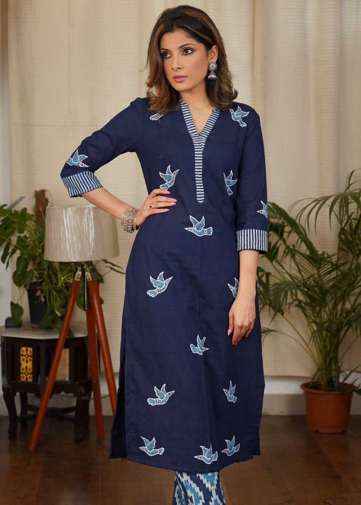 Tasteful Cotton Indigo Combination Kurta With Hand Painted Gond Art Birds Motif