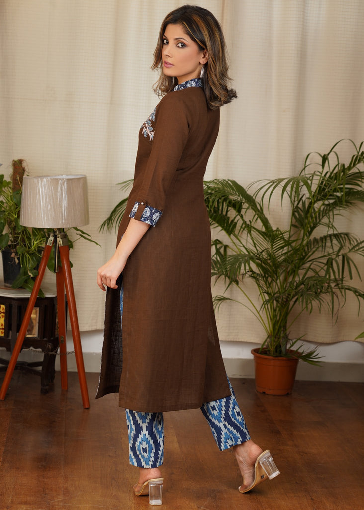 Unique Brown Design Straight cut Cotton Kurta with Beautiful Contrast Of Gond painting