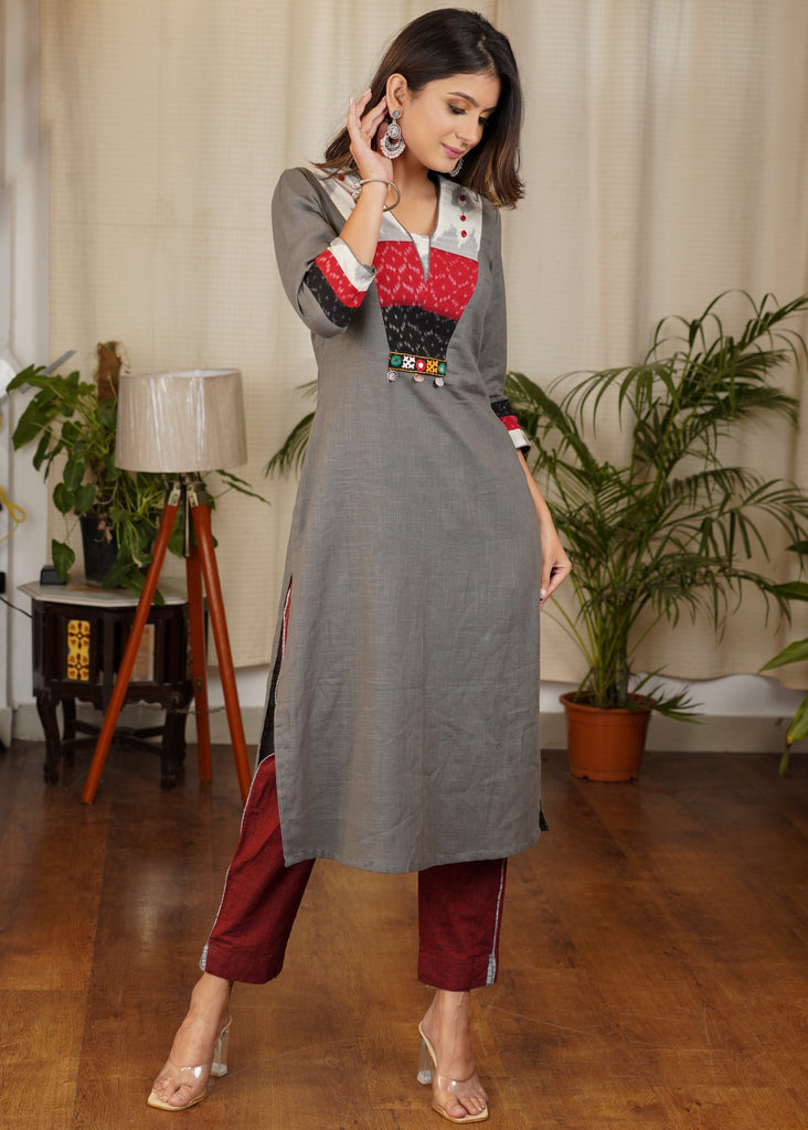 Straight Cut Cotton Ikat Combination Kurta Beautifully embelished with Hand Kutch Mirror Work, Stones and Silver Coins